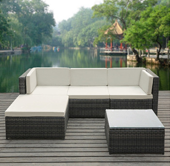 iKayaa 5PCS Rattan Wicker Patio Garden Sectional Sofa Coffee Table Set